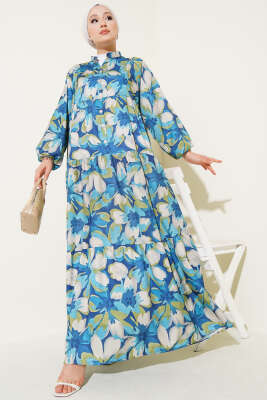 Hakim Yaka Bilek Lastikli Çiçek Desenli Elbise Lacivert - Elbise