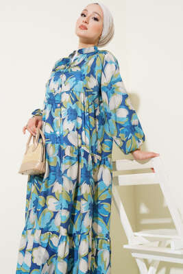 Hakim Yaka Bilek Lastikli Çiçek Desenli Elbise Lacivert - Elbise