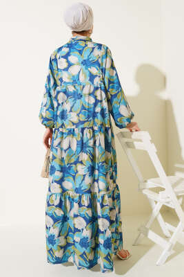 Hakim Yaka Bilek Lastikli Çiçek Desenli Elbise Lacivert - Elbise