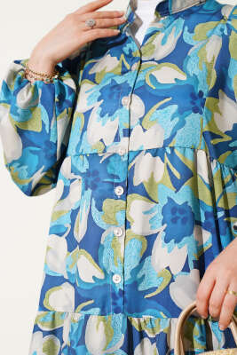 Hakim Yaka Bilek Lastikli Çiçek Desenli Elbise Lacivert - Elbise