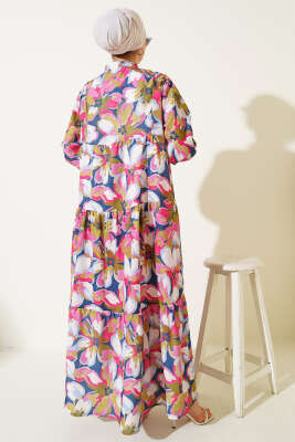 Hakim Yaka Bilek Lastikli Çiçek Desenli Elbise Pembe - Elbise