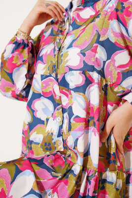 Hakim Yaka Bilek Lastikli Çiçek Desenli Elbise Pembe - Elbise