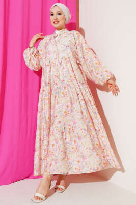 Hakim Yaka Çiçekli Kat Elbise Pembe - Elbise