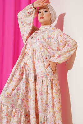 Hakim Yaka Çiçekli Kat Elbise Pembe - Elbise