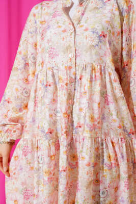 Hakim Yaka Çiçekli Kat Elbise Pembe - Elbise