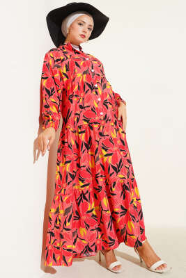 Hakim Yaka Floral Desenli Elbise Alizarin 