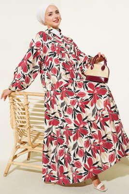 Hakim Yaka Floral Desenli Elbise Bordo 