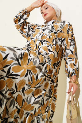 Hakim Yaka Floral Desenli Elbise Hardal 