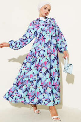 Hakim Yaka Floral Desenli Elbise Mavi - Elbise