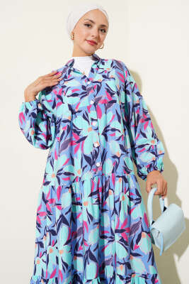 Hakim Yaka Floral Desenli Elbise Mavi - Elbise