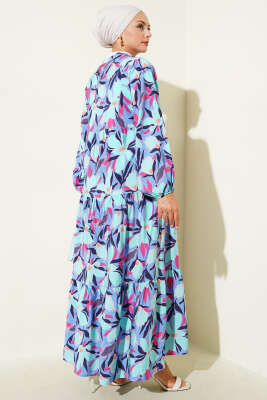 Hakim Yaka Floral Desenli Elbise Mavi - Elbise