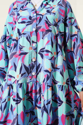 Hakim Yaka Floral Desenli Elbise Mavi - Elbise