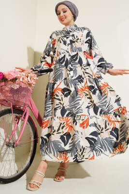 Hakim Yaka Tropik Desen Elbise Füme - Elbise