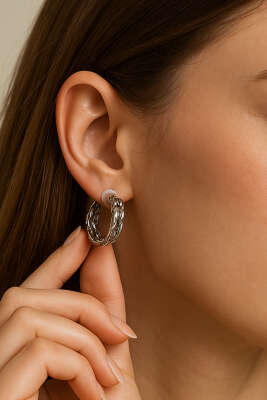 Hasır Dokulu Kalın Halka Küpe Gümüş - KONYALI BİJUTERİ