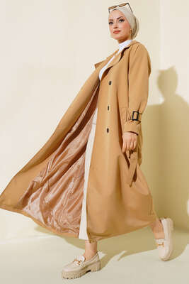 İçi Astarlı Kuşaklı Trençkot Camel