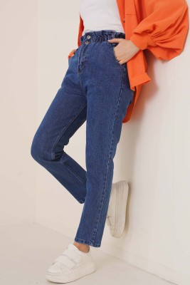 İki Düğmeli Beli Lastikli Koyu Kot Pantolon 