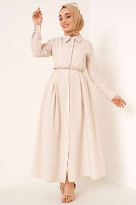 İnce Çizgili Gofre Elbise Bej