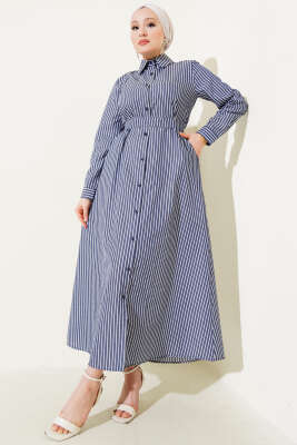 İnce Çizgili Kuşaklı Düğmeli Elbise Lacivert