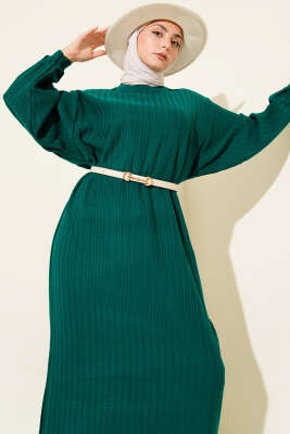 İnce Çizgili Salaş Triko Elbise Zümrüt 