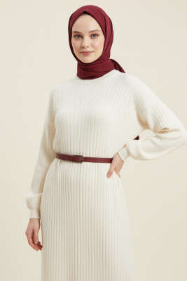 İnce Çizgili Salaş Triko Elbise Ekru 