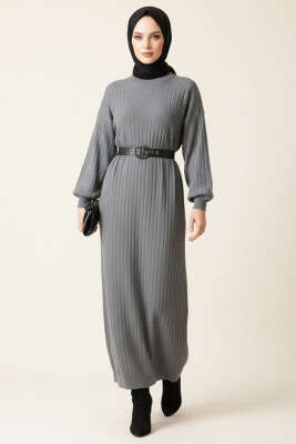 İnce Çizgili Salaş Triko Elbise Füme 