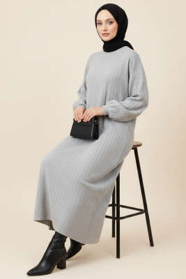 İnce Çizgili Salaş Triko Elbise Gri 