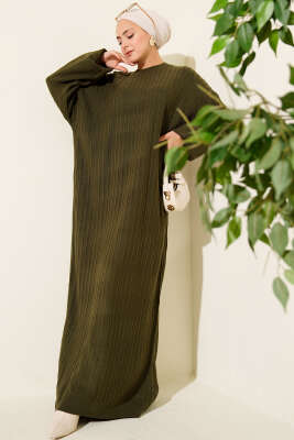 İnce Çizgili Salaş Triko Elbise Haki 