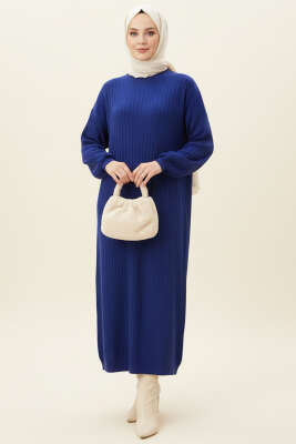 İnce Çizgili Salaş Triko Elbise Lacivert - Elbise