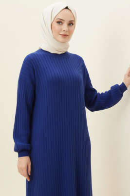 İnce Çizgili Salaş Triko Elbise Lacivert - Elbise