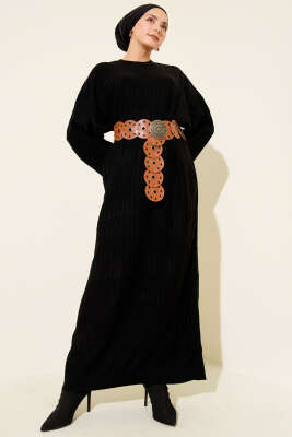 İnce Çizgili Salaş Triko Elbise Siyah 