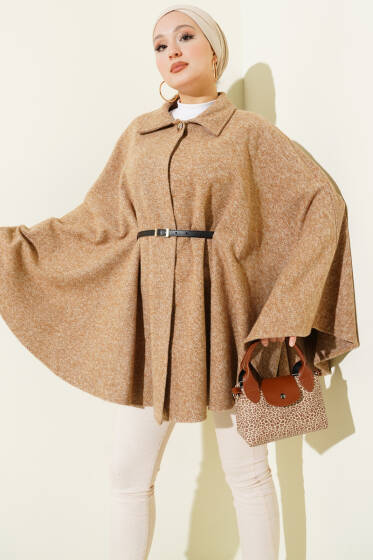 İnce Kemerli Gömlek Yaka Kaşe Panço Latte - Panço