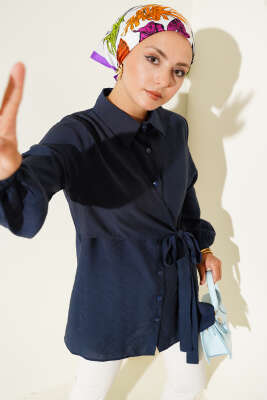 İnce Kuşak Yandan Bağlamalı Gömlek Lacivert 