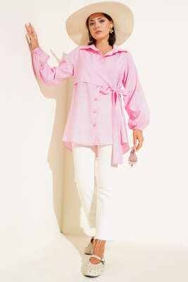 İnce Kuşak Yandan Bağlamalı Gömlek Pembe - Gömlek
