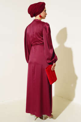 İnce Kuşaklı Kol Lastikli Saten Elbise Bordo - Elbise