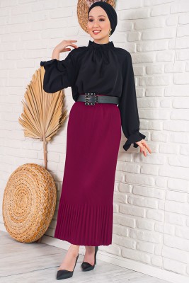 İnce Pliseli Bordo Etek