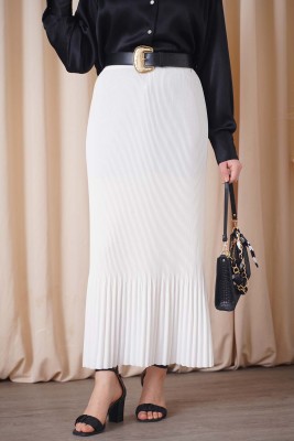 İnce Pliseli Ekru Etek 