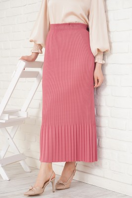 İnce Pliseli Gül Kurusu Etek 