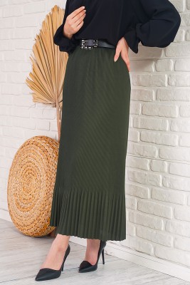 İnce Pliseli Haki Etek 