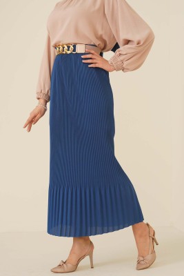 İnce Pliseli İndigo Etek 
