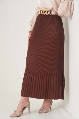 İnce Pliseli Kahve Etek 