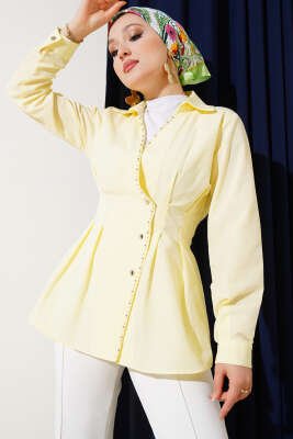 İnci Detaylı Belden Pileli Gömlek Sarı