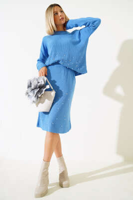 İnci Süslemeli Etekli Triko İkili Takım İndigo - PUDRA OFFICIAL