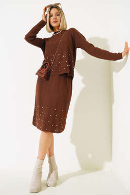 İnci Süslemeli Etekli Triko İkili Takım Kahve - PUDRA OFFICIAL