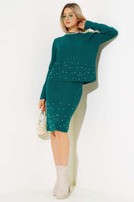 İnci Süslemeli Etekli Triko İkili Takım Zümrüt - PUDRA OFFICIAL