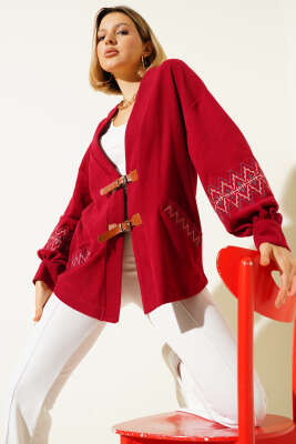 İp Bağcıklı Nakışlı Hırka Bordo 