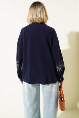 İp Bağcıklı Nakışlı Hırka Lacivert - Kadın Giyim Modelleri