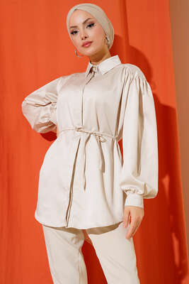 İp Bağcıklı Saten Gömlek Bej 