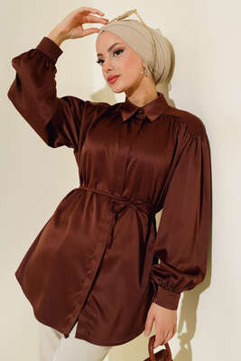 İp Bağcıklı Saten Gömlek Kahve 