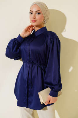 İp Bağcıklı Saten Gömlek Lacivert 