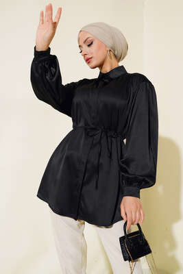 İp Bağcıklı Saten Gömlek Siyah 